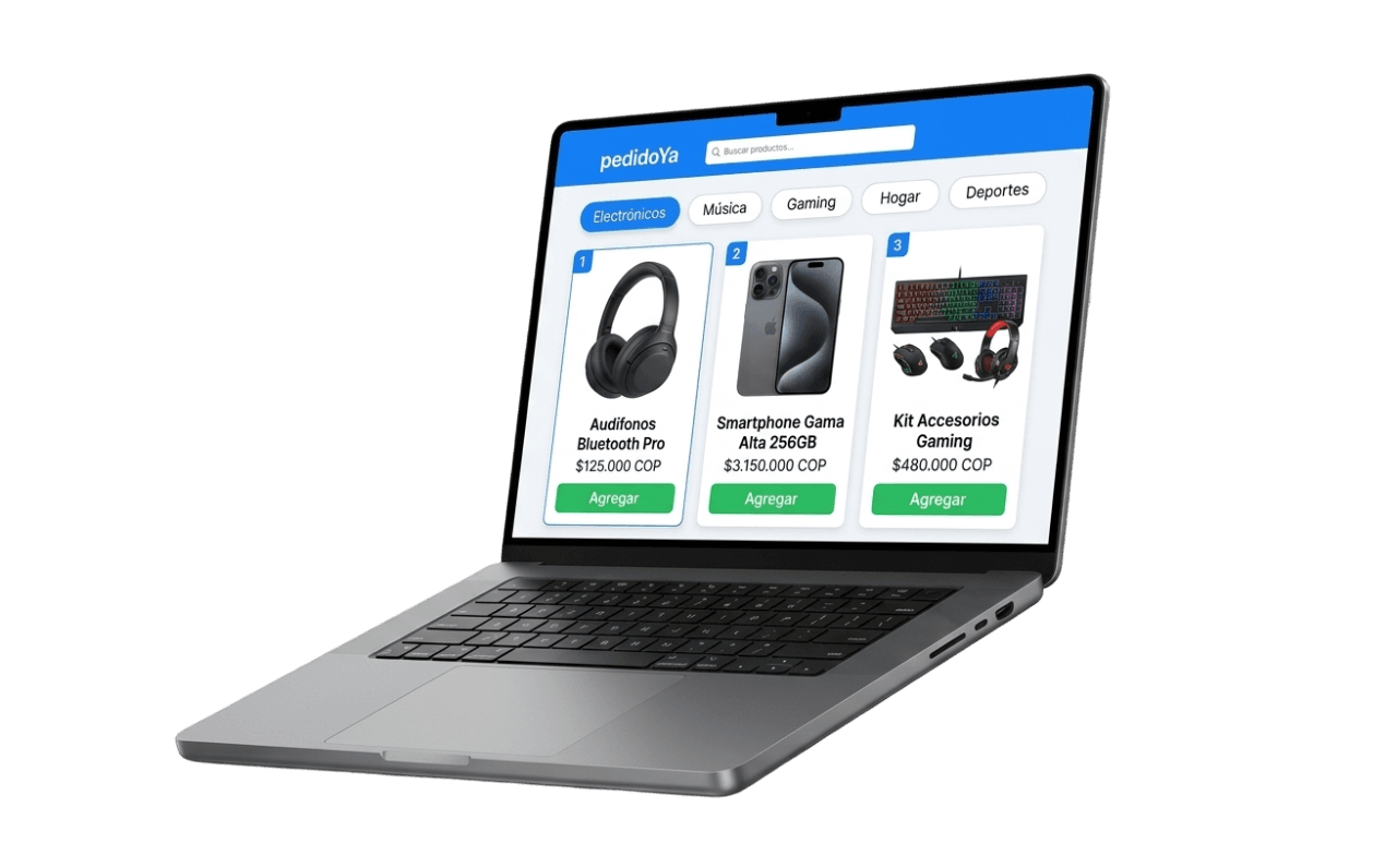 MacBook 3D mostrando el catalogo de productos de pedidoYa con precios en COP