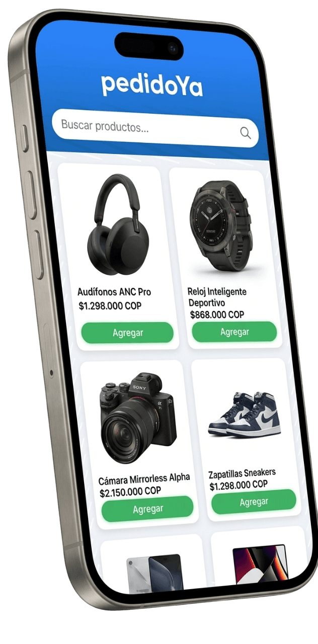 iPhone mostrando el catalogo de pedidoYa con productos y boton de pedir por WhatsApp
